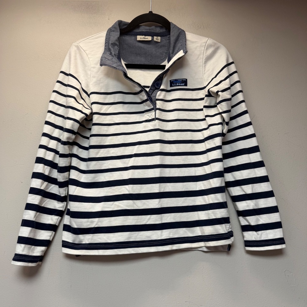 L.L. Bean Pullover Women XS Petite White Navy Good Striped Nautical 147100